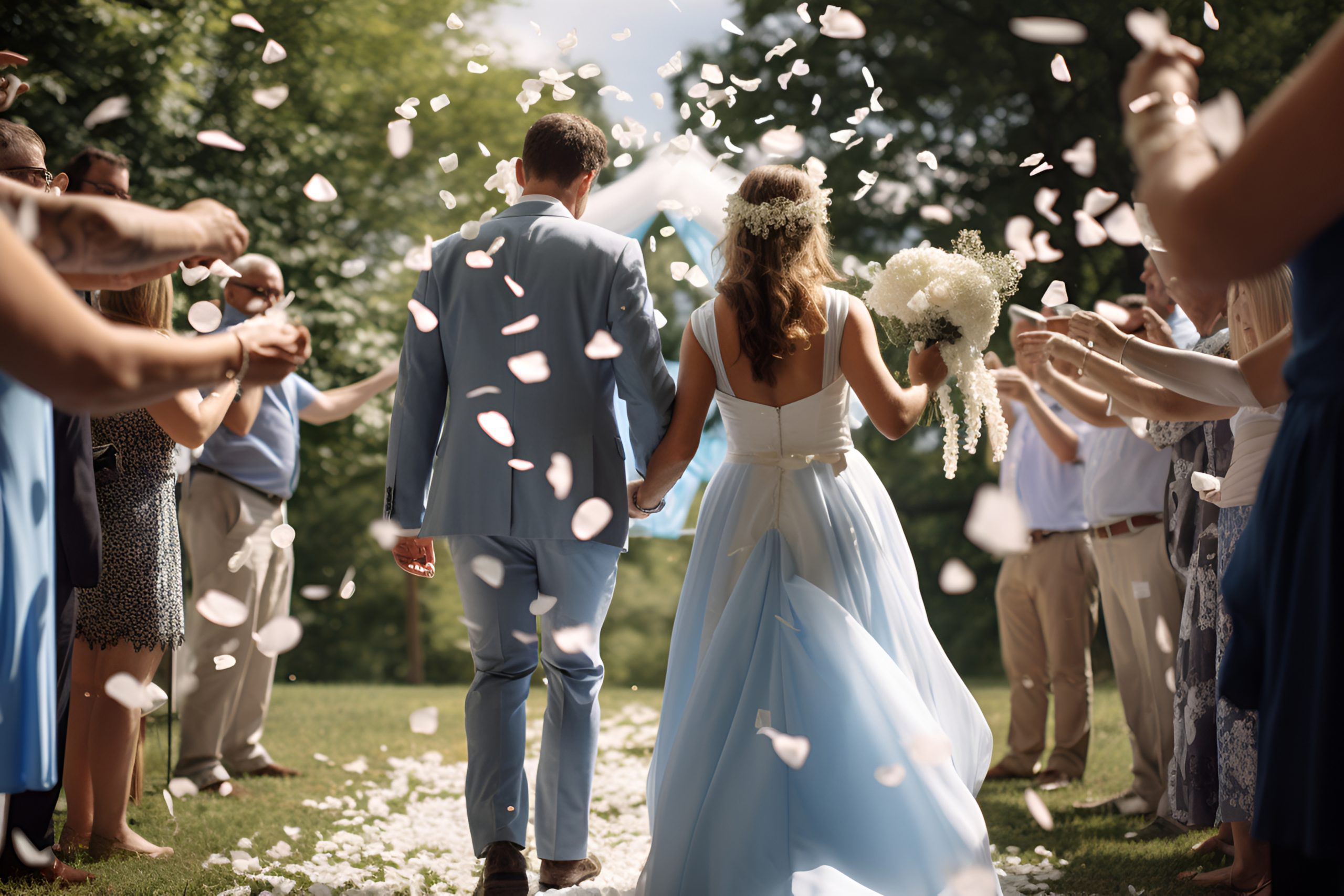 The bride and groom walk on flower petals among the guests